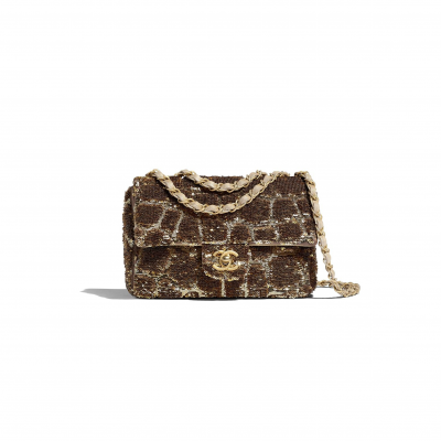 CHANEL SMALL FLAP BAG BROWN SEQUINS AS0827 (20*15*6cm)